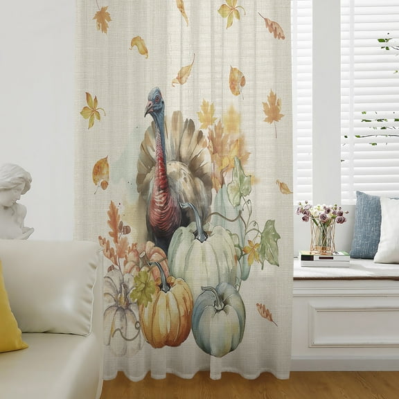 Fall Thanksgiving Semi Sheer Curtains Drapes for Living Room,Bedroom,French Doors Window 96 Inches Long,Pumpkin Turkey Maple Leaf Rustic Burlap Rod Pocket Chiffon Curtain Drapery Voile Drape Panel