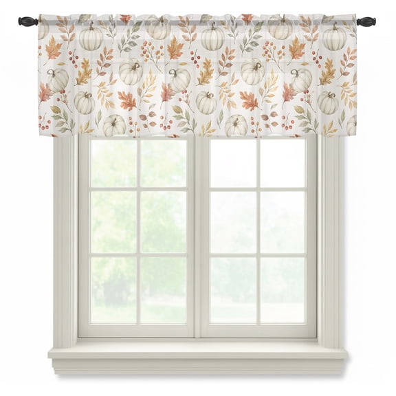 Fall Thanksgiving Semi Sheer Valance Curtains, Beige Pumpkins Brown Oak Leaves Shabby Chic Voile Valances Curtain Rod Pocket Small Window Treatment for Kitchen Bathroom Cafe 60"x18"