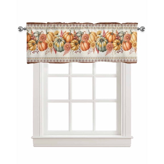 Fall Thanksgiving Shade Short Curtain for Kitchen Watercolor Pumpkin Brown Geometric ,Window Treatment Valance Curtain for Bathroom Living Room Bedroom Privacy Rod Pocket Drapes 54" W x 18" L 1 Panel