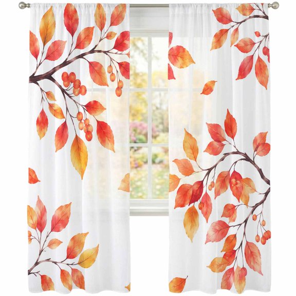 Fall Thanksgiving Sheer Curtains 108 Inch Long 2 Panels Rustic Orange Rowan Leaf Berry Tree Branch Light Filtering Rod Pocket Curtains, Sheer Voile Drapes for Living Room Bedroom 52"x108"