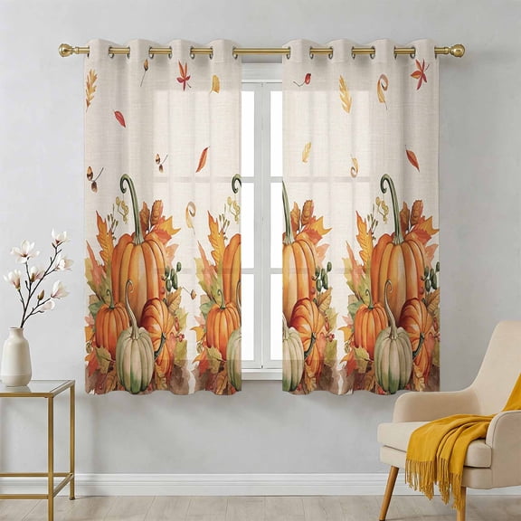 Fall Thanksgiving Sheer Curtains 39 Inch Long 2 Panels, Pumpkin Watercolor Botanical Maple Leaves Light Filtering Semi Sheer Drapes Grommet Voile Window Curtain for Living Bedroom W27.9 x L39