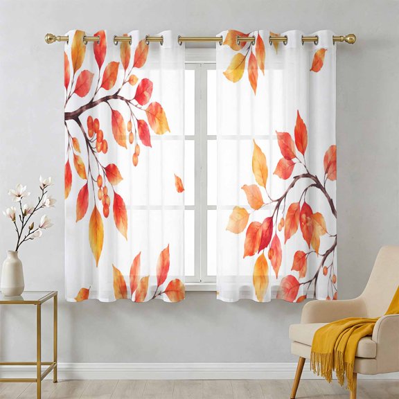 Fall Thanksgiving Sheer Curtains 39 Inch Long 2 Panels, Rustic Orange Rowan Leaf Berry Tree Branch Light Filtering Semi Sheer Drapes Grommet Voile Window Curtain for Living Bedroom W27.9 x L39