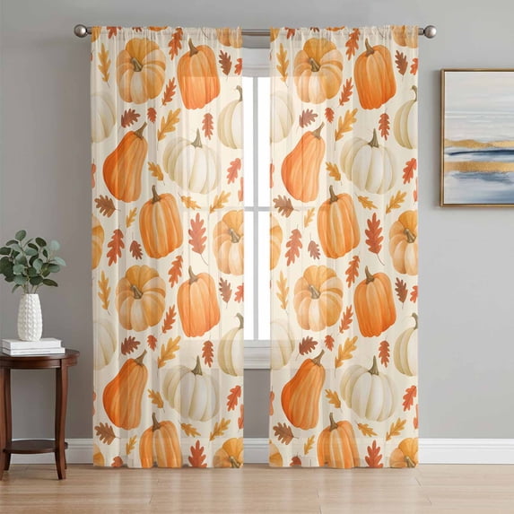 Fall Thanksgiving Sheer Curtains 63 Inch Length 2 Panels Set Window Treatments, Orange White Pumpkin Falling Leaves Rod Pocket Semi Curtains for Living Room/Bedroom/Kitchen Décor, 104"W x 63"L