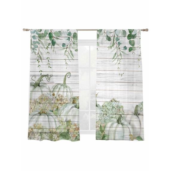 Fall Thanksgiving Sheer Curtains 63 inches Long 2 Panels Set Pumpkin Hydrangea Eucalyptus Wood Grain Tiers Sheers Rod Pocket Small Window Short Curtains for Kitchen Cafe, Each 52" W x 63" L
