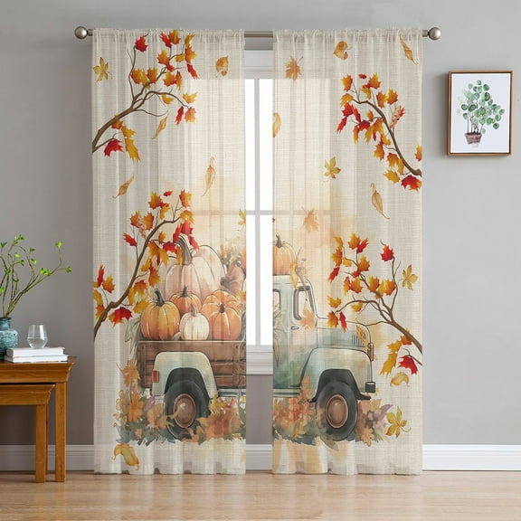 Fall Thanksgiving Sheer Curtains 72 Inches Long 2 Panels Set, Window Sheer Curtains for Living Room/Bedroom, Autumn Pumpkin Truck Maple Leaf Rustic Light Filtering Rod Pocket Curtain 52'' x 72'' x 2
