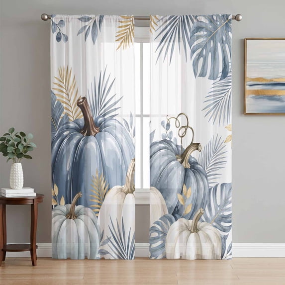 Fall Thanksgiving Sheer Curtains 84 Inches Long, Blue White Pumpkin Monstera Leaf Rustic Light Filtering Window Curtains for Living Room, Rod Pocket Voile Sheer Curtain Drapes, 52"W x 84"L, 2 Panels
