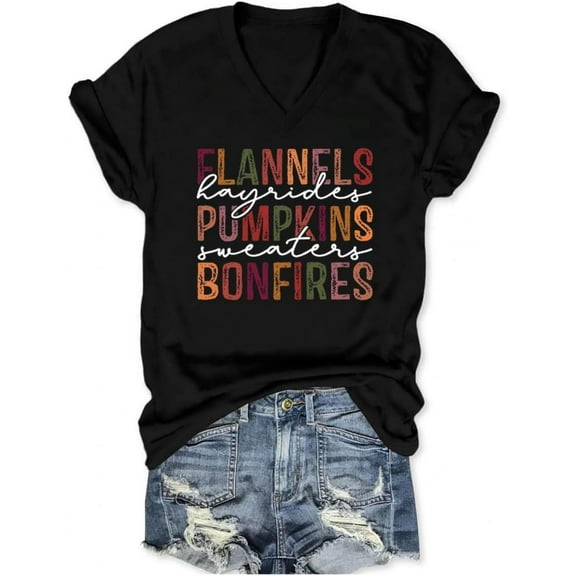 Fall Thanksgiving Shirts for Women Flannels Hayrides Pumpkins Sweaters Bonfires Graphic V Neck Short Sleeve Tshirts