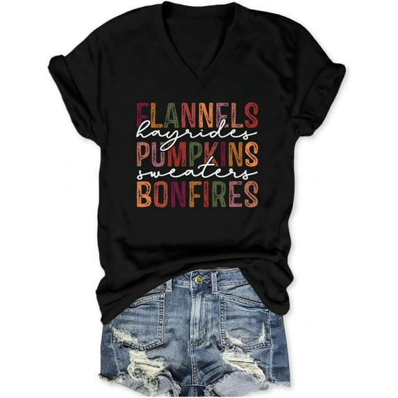 Fall Thanksgiving Shirts for Women Flannels Hayrides Pumpkins Sweaters Bonfires Graphic V Neck Short Sleeve Tshirts