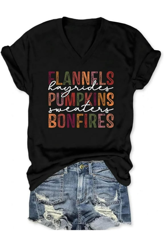 Fall Thanksgiving Shirts for Women Flannels Hayrides Pumpkins Sweaters Bonfires Graphic V Neck Short Sleeve Tshirts