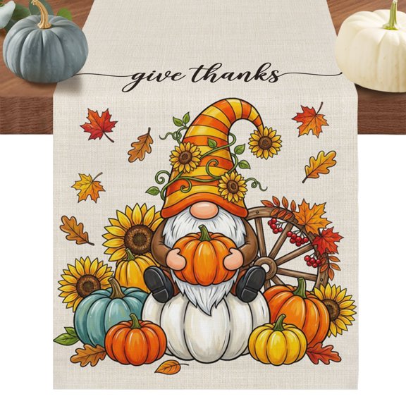 Fall Thanksgiving Short Table Runner 48 Inches Long,Cartoon Pumpkins Maple Leaf Gnomes Floral Cotton Linen Table Runners Dresser Scarves,Fabric Tabletop Scarf Furniture Cover for Dinner Party 13"x48"