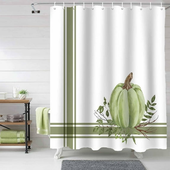 Fall Thanksgiving Shower Curtain Autumn Pumpkin Shower Curtains for Bathroom Decor Green Pumpkin Bath Curtains Sets with Hooks for Autumn Thanksgiving Decor Fabric Waterproof Extra Long 84" X 72"