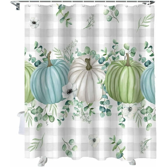 Fall Thanksgiving Shower Curtain, Autumn Pumpkins Eucalyptus Leaves Shower Curtains Set with Hooks, White Blue Green Gray Plaid Waterproof Fabric Bathroom Curtains Decor Accessories,72 X 72 Inch Long