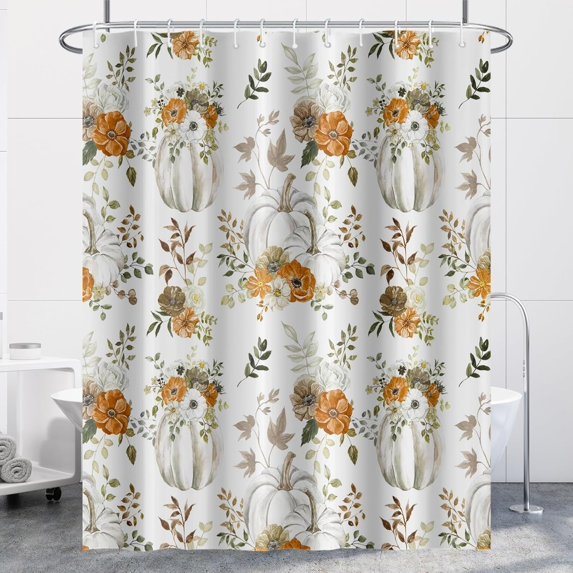 Fall Thanksgiving Shower Curtain for Bathroom 72x84inches Autumn Orange White Flowers Shower Curtain Set with Hooks Harvest Pumpkins Leaves Waterproof Fabric Home Decor Shower Curtains