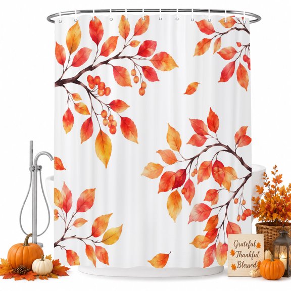 Fall Thanksgiving Shower Curtain for Bathroom, Rustic Orange Rowan Leaf Berry Tree Branch Waterproof Cloth Fabric Bathroom Accessories Set with 12 Rust Proof Plastic Hooks, 72"x78"