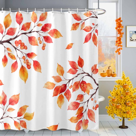 Fall Thanksgiving Shower Curtain for Bathroom, Rustic Orange Rowan Leaf Berry Tree Branch Waterproof Machine Washable Shower Curtain Set with Hooks, Bath Decoration for Home Bathtub Stall 72"x72"
