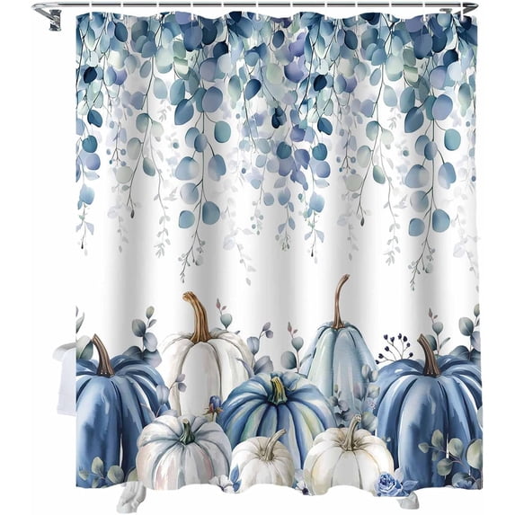 Fall Thanksgiving Shower Curtain, Blue Eucalyptus Leaves Shower Curtains Set with Hooks, Autumn White Pumpkin Waterproof Fabric Bathroom Curtains Decor Home Accessories,72 X 84 Inch Extra Long
