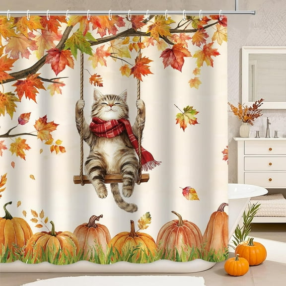 Fall Thanksgiving Shower Curtain Cute Cat Pumpkin Shower Curtain for Bathroom, Autumn Maple Leaves Harvest Thanksgiving Holiday Bathroom Decor,Polyester Fabric Curtains with Hooks, 60x72in