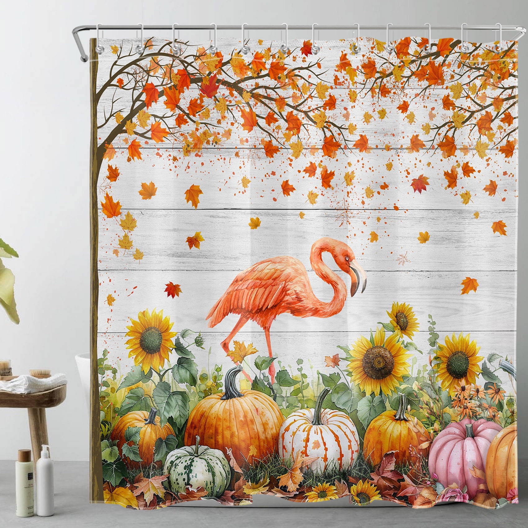 Harvest Pumkin Fall Shower Curtain Bathroom Sets, Thanksgiving Harvest Autumn Maple Leaf Fabric Bath Curtian, Fall Forest View Waterproof Shower