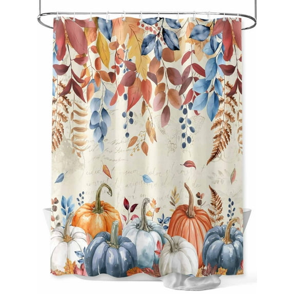 Fall Thanksgiving Shower Curtain, Orange Blue White Pumpkin Bathroom Decor Curtains Set with Hooks, Retro Leaf Waterproof Fabric Home Accessories, 72 X 72 Inch Long