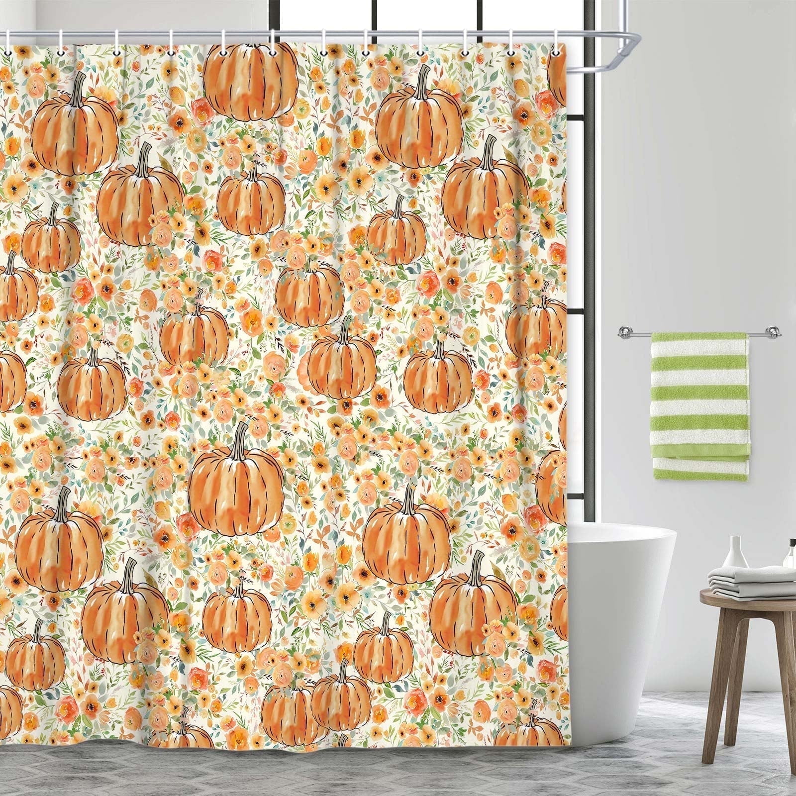 Fall Thanksgiving Shower Curtain,Pumpkin Floral Bathroom Curtains,Autumn Polyester Fabric Bathroom Accessories Festival Holiday Decor with Hooks,69X70 in