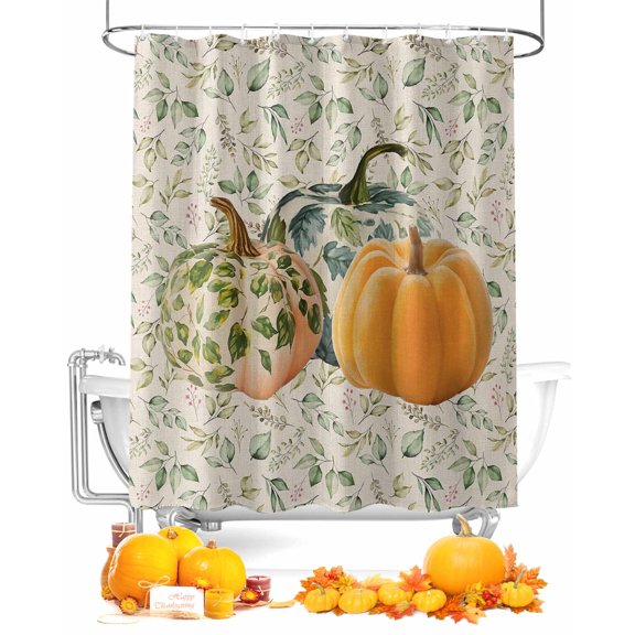 Fall Thanksgiving Shower Curtain Set ，Waterproof Fabric Shower Curtains Pumpkin Green Eucalyptus Leaves Shower Curtains for Bathroom,Bathroom Decor 36"x72"