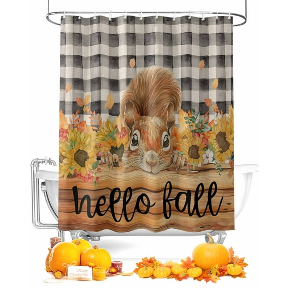 Fall Thanksgiving Shower Curtain Set ,Waterproof Fabric Shower Curtains Pumpkin Squirrel Sunflower Black Buffalo Plaid Shower Curtains for Bathroom,Bathroom Decor 60"x72"