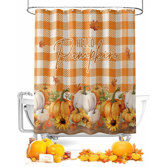 Fall Thanksgiving Shower Curtain Set ,Waterproof Fabric Shower Curtains Pumpkin Sunflower Maple Leaves Orange Plaid Shower Curtains for Bathroom,Bathroom Decor 36"x78"