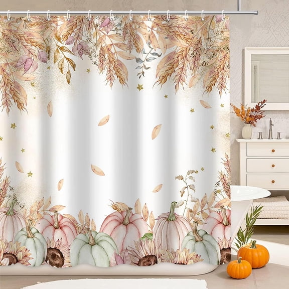 Fall Thanksgiving Shower Curtain, Watercolor Autumn Pumpkins Ear of Wheat Grain Sunflowers Shower Curtains Set with Hooks, Blue Pink Waterproof Fabric Bathroom Decor 72 X 72 Inch