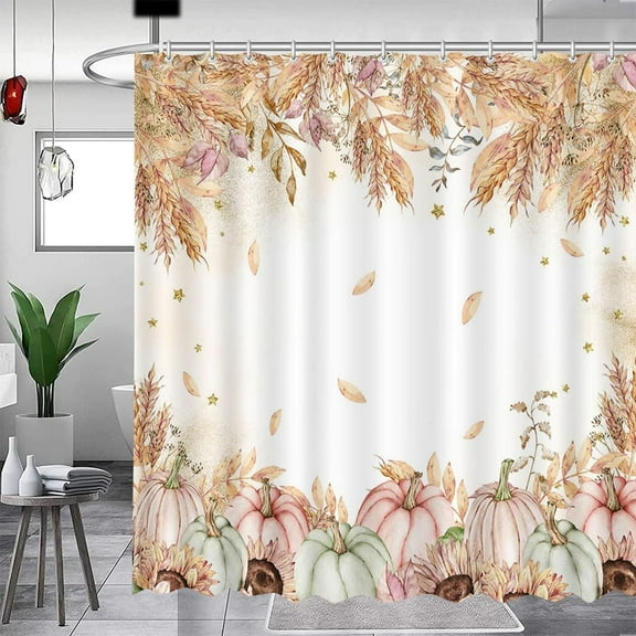 Fall Thanksgiving Shower Curtain, Watercolor Autumn Pumpkins Ear of Wheat Grain Sunflowers Shower Curtains Set with Hooks, Blue Pink Waterproof Fabric Bathroom Decor 72 X 72 Inch