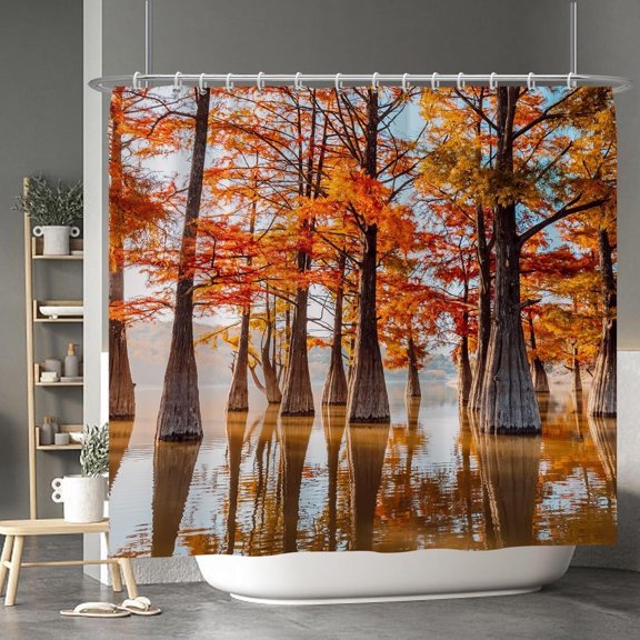Fall Thanksgiving Shower Curtain Yellow Trees Natural Scenery Harvest Leaf Grateful Plants Farmhouse Shower Curtains for Countryside Bathroom Waterproof Polyester with Hooks 84x72 Inches
