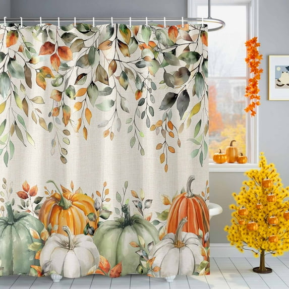 Fall Thanksgiving Shower Curtains for Bathroom, Green White Pumpkin Leaves Linen Texture Waterproof Fabric Shower Curtain for Bathroom Bathtub Decoration, Machine Washable, 72"x72"