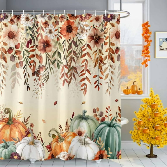 Fall Thanksgiving Shower Curtains for Bathroom, Pumpkin Flower Waterproof Fabric Shower Curtain for Bathroom Bathtub Decoration, Machine Washable, 54x"78"