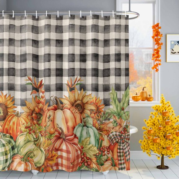 Fall Thanksgiving Shower Curtains for Bathroom, Pumpkin Sunflower Bow Black Plaid Linen Waterproof Fabric Shower Curtain for Bathroom Bathtub Decoration, Machine Washable, 36"x72"