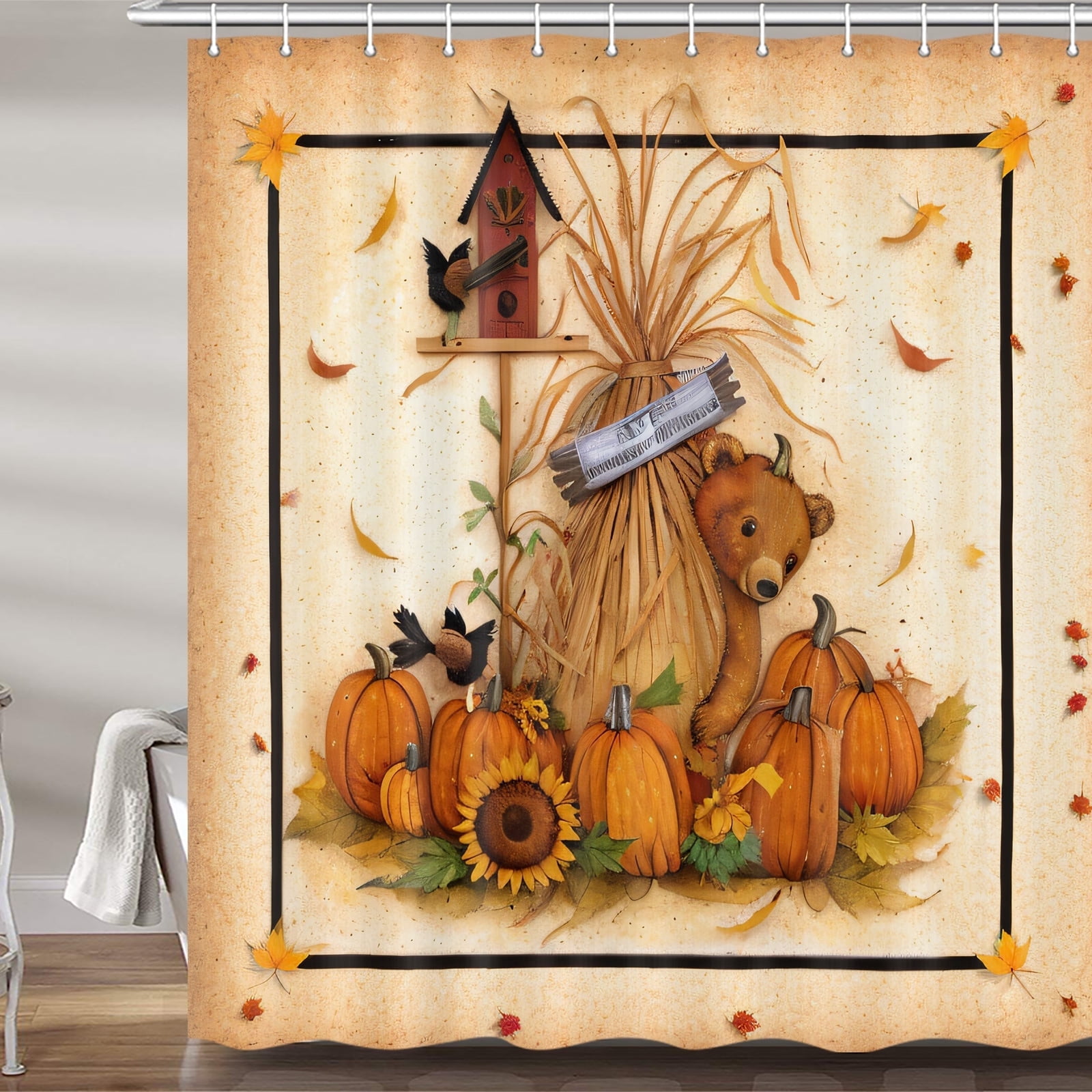 Fall Thanksgiving Shower Curtains for Bathroom, Retro Autumn Pumpkin Sunflower Bear Bath Curtain Set, Vintage Polyester Fabric Bathroom Accessories Restroom Decor 12 Hooks Included (72"W X 72"H)