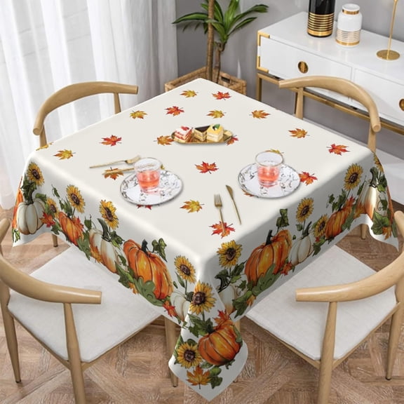 Fall Thanksgiving Square Tablecloth 54×54 Inch Water-Resistant Washable Fabric Reusable Watercolor Sunflower Pumpkin Maple Leaf Autumn Farmhous Table Cover for Decoration Indoor Outdoor Dining