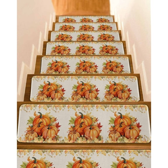 Fall Thanksgiving Stair Treads for Wooden Steps Indoor Runner Rug Carpet, Rustic Orange Pumpkin Harvest Maple Leaf 4 Pieces Peel and Stick Staircase Step Treads Covers Washable Door Mats 30"x8"