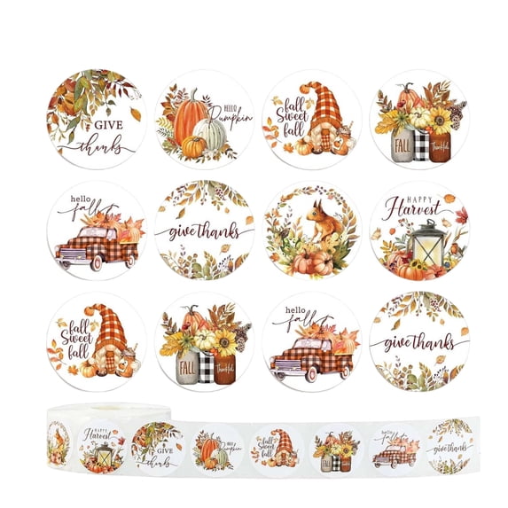 Fall Thanksgiving Stickers Roll, 500 Pcs Self Adhesive Labels, Pumpkin Truck Gnome Squirrel Autumn Stickers for Gift Bags Envelopes Harvest Packaging