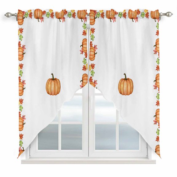 Fall Thanksgiving Swag Curtain Valance for Windows, Rustic Minimalist Orange Pumpkin Border Window Treatments Short Swag Topper for Kitchen Windows Bathroom Bedroom, 36"x63"