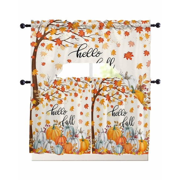 Fall Thanksgiving Swag Kitchen Curtains Sets for Windows 24 Inch Length, Orange White Pumpkin Maple Leaf Short Window Curtain Panels Swags Valances and Tiers 3 Piece Set for Cafe/Dining Room