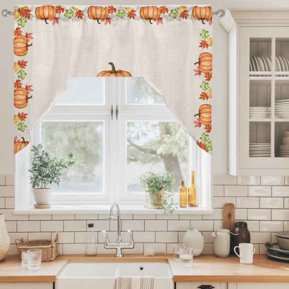 Fall Thanksgiving Swag Valance for Windows, Rustic Minimalist Linen Orange Pumpkin Border Swag Curtains Valances for Small Window Treatment Rod Pocket for Kitchen Bathroom 1 Panel 56x36in
