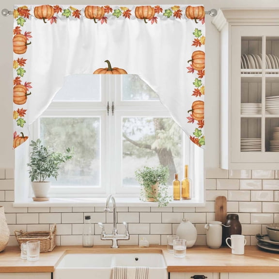 Fall Thanksgiving Swag Valance for Windows, Rustic Minimalist Orange Pumpkin Border Swag Curtains Valances for Small Window Treatment Rod Pocket for Kitchen Bathroom 1 Panel 56x36in