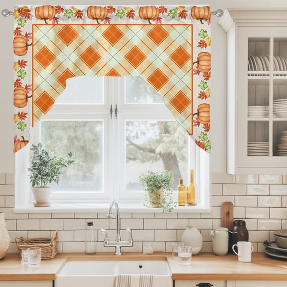 Fall Thanksgiving Swag Valance for Windows, Rustic Orange Gingham Pattern Pumpkin Border Swag Curtains Valances for Small Window Treatment Rod Pocket for Kitchen Bathroom 1 Panel 56x36in