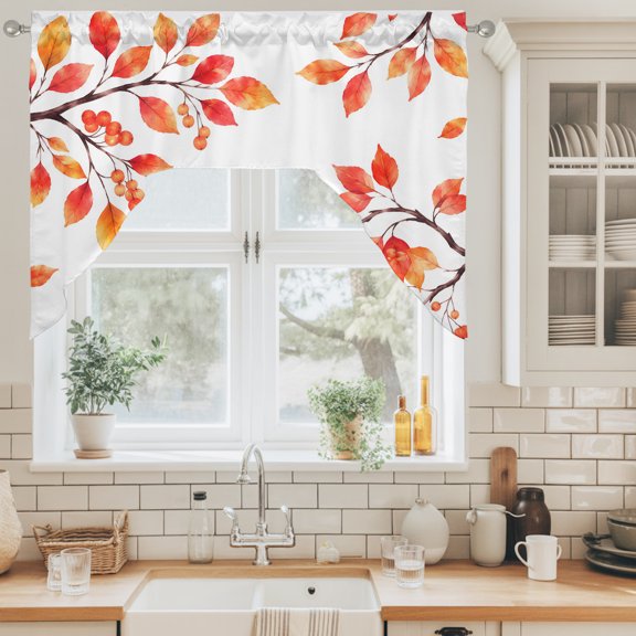 Fall Thanksgiving Swag Valance for Windows, Rustic Orange Rowan Leaf Berry Tree Branch Swag Curtains Valances for Small Window Treatment Rod Pocket for Kitchen Bathroom 1 Panel 56x36in