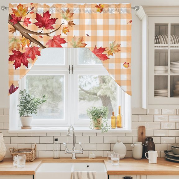 Fall Thanksgiving Swag Valance for Windows, Rustic Red Yellow Maple Leaf Branch Gingham Swag Curtains Valances for Small Window Treatment Rod Pocket for Kitchen Bathroom 1 Panel 56x36in