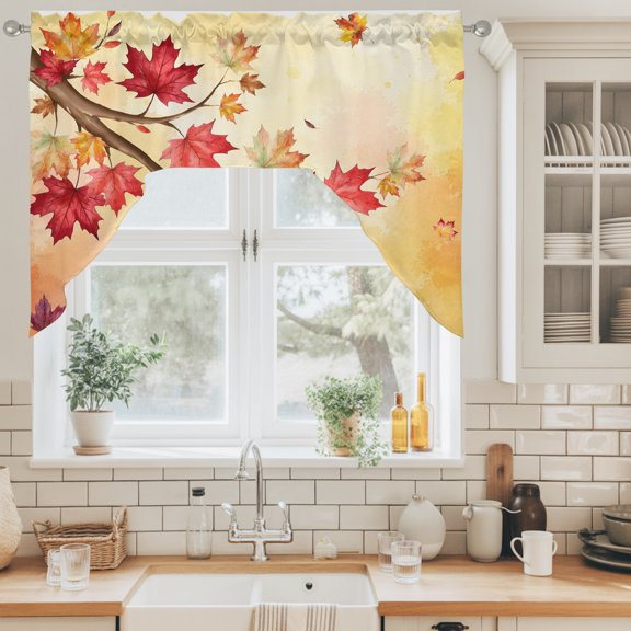 Fall Thanksgiving Swag Valance for Windows, Rustic Red Yellow Maple Leaf Branch Watercolor Swag Curtains Valances for Small Window Treatment Rod Pocket for Kitchen Bathroom 1 Panel 56x36in