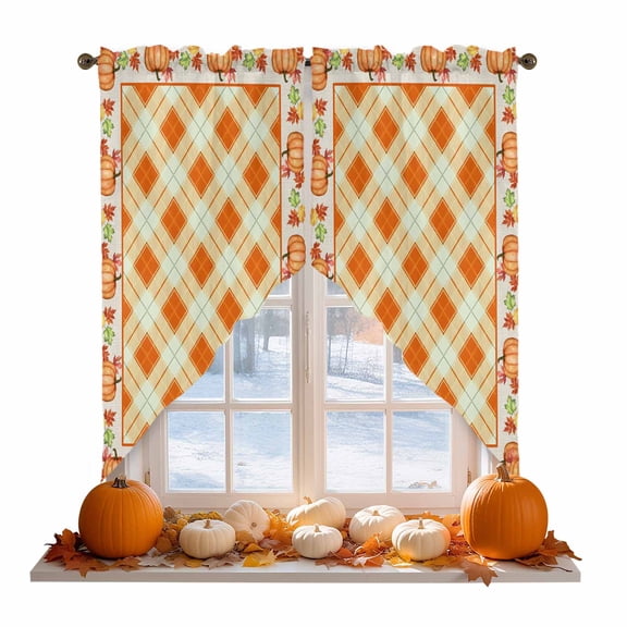 Fall Thanksgiving Swag Valances for Windows 36 inches Long, Rustic Orange Gingham Pattern Pumpkin Border Swag Curtains Light Filtering Curtain Tiers for Kitchen Bathroom 28" W x 36" L, 2 Panels