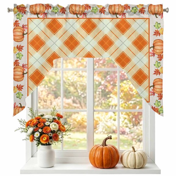 Fall Thanksgiving Swag Valances for Windows 56 x 36 Inch, Rustic Orange Gingham Pattern Pumpkin Border Rod Pocket Light Filtering Window Topper for Kitchen Bathroom Bedroom Living Room