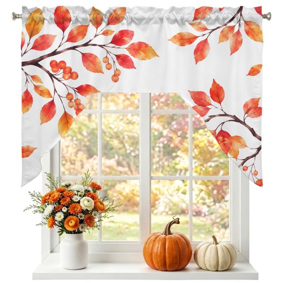 Fall Thanksgiving Swag Valances for Windows 56 x 36 Inch, Rustic Orange Rowan Leaf Berry Tree Branch Rod Pocket Light Filtering Window Topper for Kitchen Bathroom Bedroom Living Room