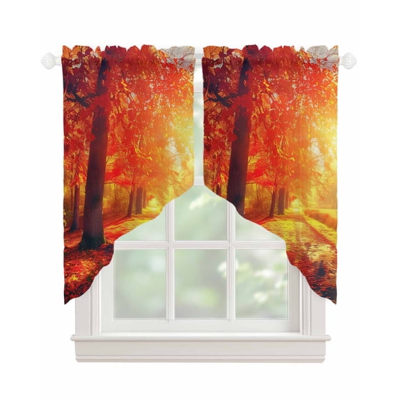 Fall Thanksgiving Swag Valances for Windows, Red Orange Sunrise Forest Autumn Rod Pocket Sheer Valances for Small Windows, Swag Toppers Light Filtering for Kitchen Living Room 2 Panels 28''x36''