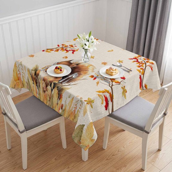 Fall Thanksgiving Table Cloth Waterproof Tablecloths, Farm Animals Orange Maple Leaf Rustic Tablecloth Dining Table Cover for Kitchen Party Tabletop Outdoor, Square Tablecloth 54x54 Inch
